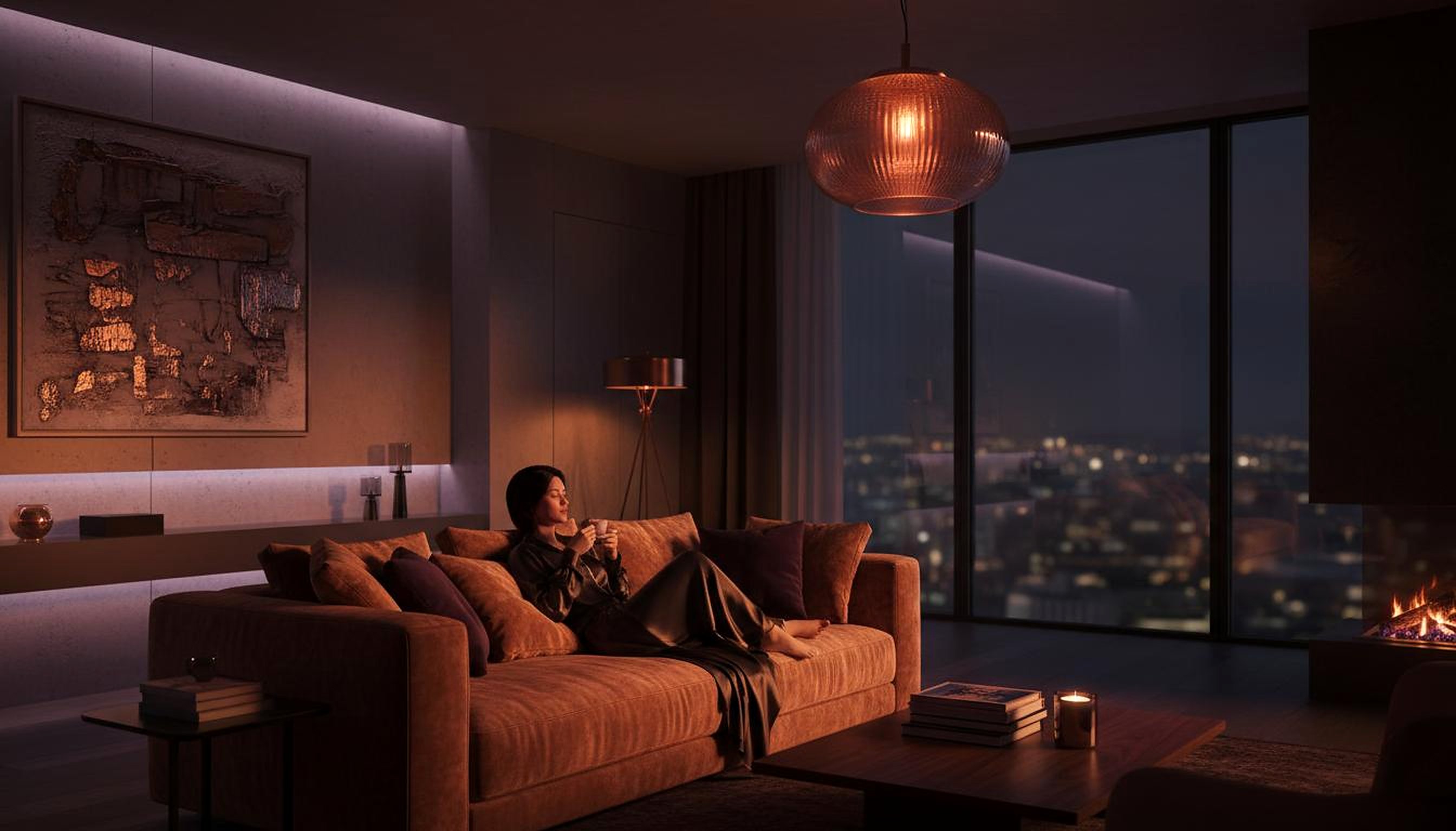 Homeowner relaxing in automated smart living space with ambient lighting
