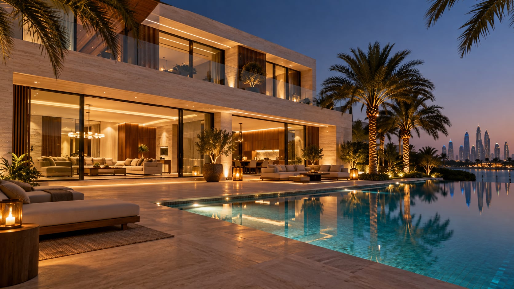 A modern Dubai villa with a lit pool at dusk and the city skyline behind it