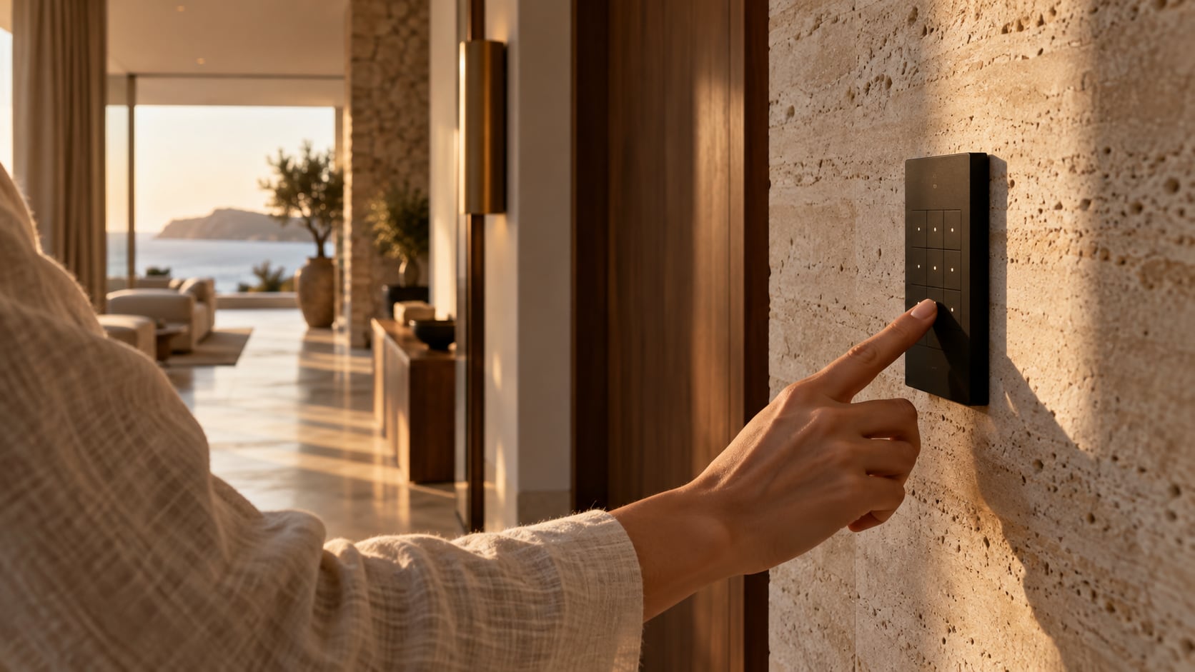 A hand touching a smart wall panel in a villa hallway with a sea view